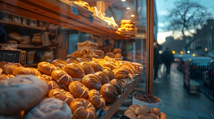 Zelfklevend Fotobehang In Europe, as the sun rose over the picturesque street, the aroma filled the background, tempting passersby with mouth-watering pastries from the local bakery handcrafted cakes, cooked to perfection © oucan
