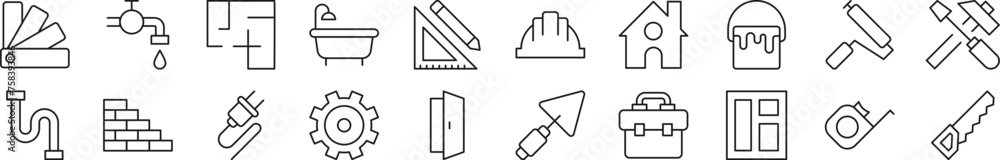 Poster pack of linear symbols of building and construction. editable stroke. linear symbol for web sites, n