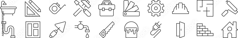 Poster pack of line icons of building and construction. editable stroke. simple outline sign for web sites,