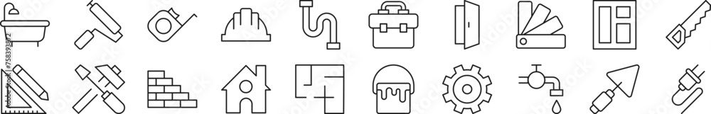 Poster collection of outline symbol of building and construction. editable stroke. simple linear illustrati