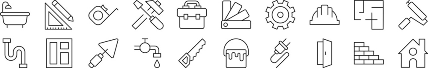 Pack of line icons of building and construction. Editable stroke. Simple outline sign for web sites, newspapers, articles book - obrazy, fototapety, plakaty