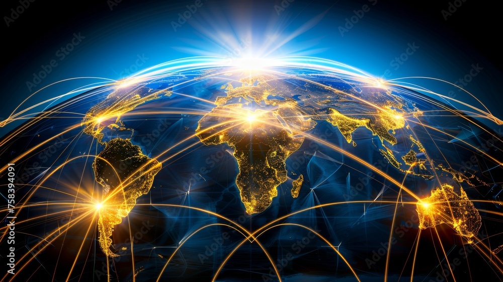 Poster global network coverage on earth with cutting edge perceptron lines interconnecting worldwide