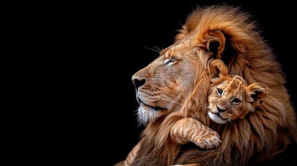 Male lion and lion cub portrait, ample space for text, with object positioned on the right side