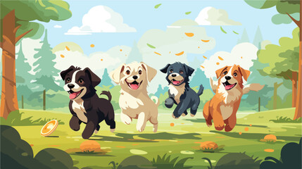 A group of playful puppies running around in a park