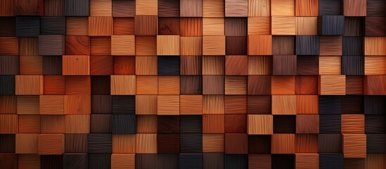A detailed shot capturing the intricate pattern of rectangular wooden squares forming a brown wall. The wood stain adds depth and character to the buildings interior - obrazy, fototapety, plakaty