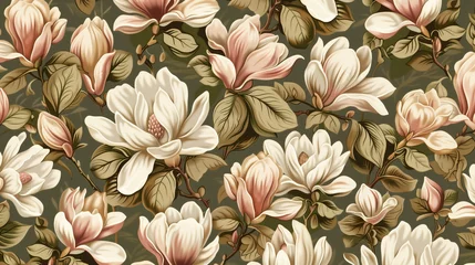 Deurstickers watercolor pattern magnolia flowers, white and pink magnolia vintage pattern on the brown background © elenarostunova