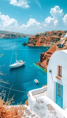 Santorini thira daytime panorama  fira and oia towns overlooking cliffs and beaches in greece - obrazy, fototapety, plakaty