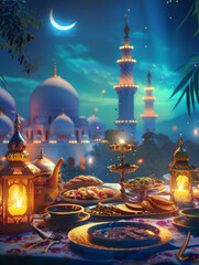 Iftar table in the month of Ramadan, a journey full of delicious food items, the month of Ramadan, Ramadan Kareem, Ramadan lantern, mosque background