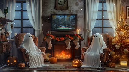 Two ghosts sit in armchairs in front of a fireplace in a room decorated for Halloween with pumpkins and garlands.