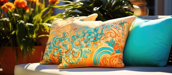 Three electric blue pillows with a unique pattern are neatly arranged on a white studio couch, creating a vibrant contrast against the grass linens