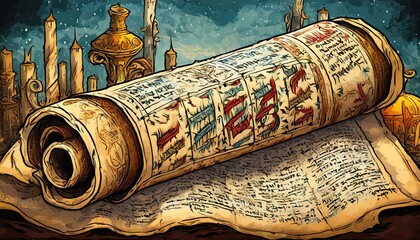 tibetan prayer wheel, old books and money,  a scroll and two candles on a table, a storybook illustration