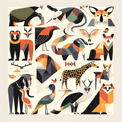 Poster, postcard with zoo animals drawn in geometric style. - 758396264