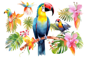 orchid cololful leaves macaw birds flowers isolated background bird tropical flower toucan white heliconia parrot areca trees palm watercolor flamingo flowers tropic colibri