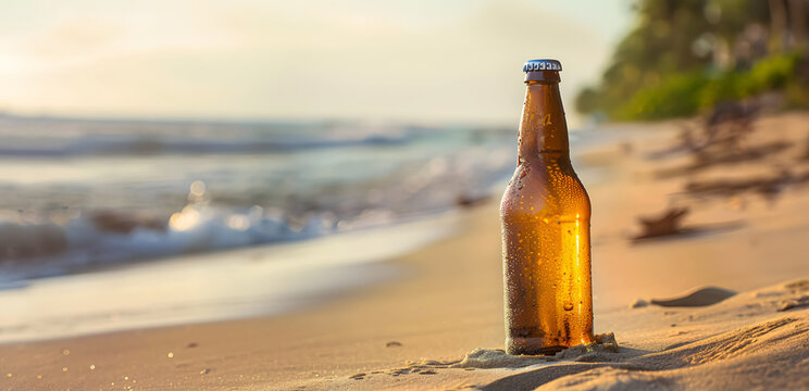 Refreshing beer bottle on the sand of a beautiful vacation beach - copy space