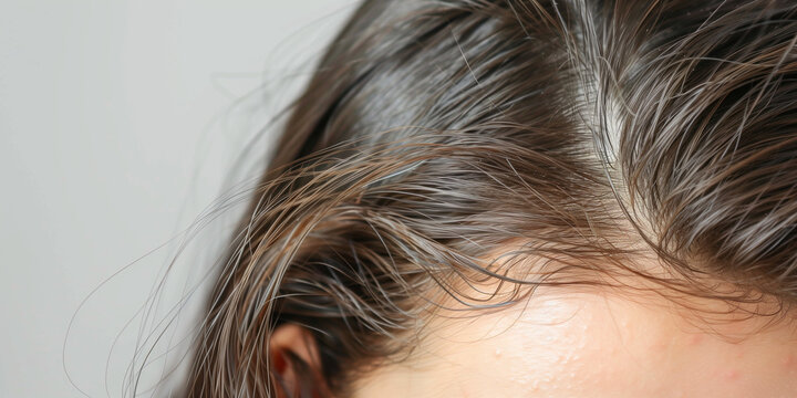Close shot of greasy hair problem on brunette hair