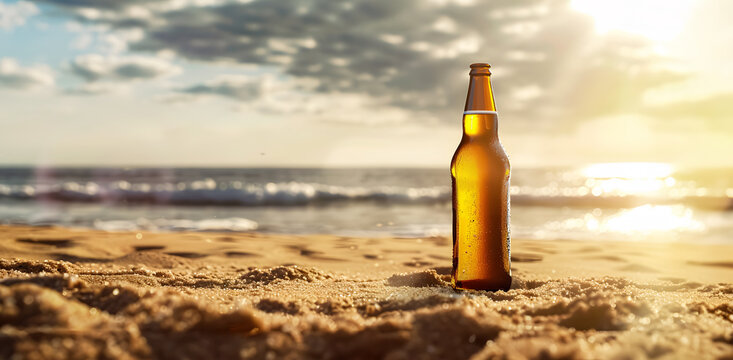 Refreshing beer bottle on the sand of a beautiful vacation beach - copy space
