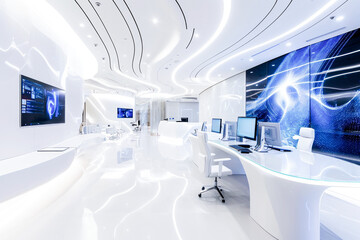 Ultra-modern office space interior with an elegant white design and futuristic blue lighting, symbolizing advanced technology.  - obrazy, fototapety, plakaty