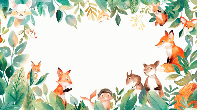 A watercolor art piece illustrates a forest scene, teeming with animals like deer and birds, amidst lush trees and bushes. Banner. Copy space.
