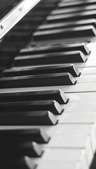 Monochrome close up of black and white piano keyboard, detailed view for music enthusiasts