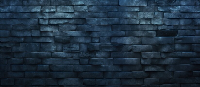 Fototapeta A close up of a grey brick wall at night, the bricks forming a pattern of rectangles. The electric blue hue gives the building material a modern twist