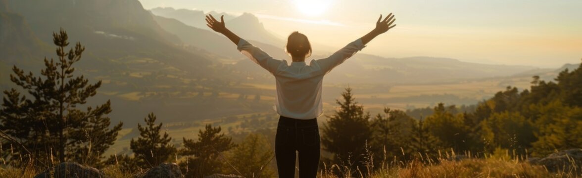 Wide angle photo of a woman in a white shirt and black pants, arms raised up towards the sky with mountains in the background, sun shining through trees Generative AI