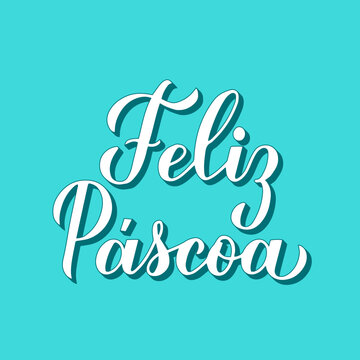 Happy Easter calligraphy hand lettering in Portuguese language on mint green background. Easter celebration typography poster. Vector template for banner, greeting card, flyer, etc.