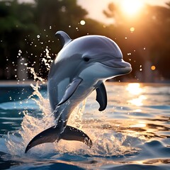 Dolphin jumping out of the water. A young dolphin leaping gracefully out of the water. Generative AI.