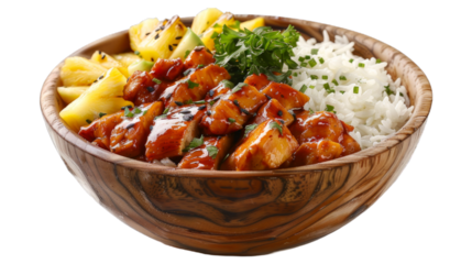 Hawaiian Pineapple Chicken Rice Bowl isolated on transparent png background. Generative ai 