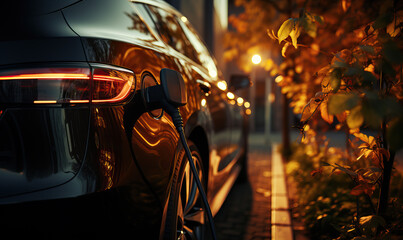 The electric car is charged at night. - obrazy, fototapety, plakaty