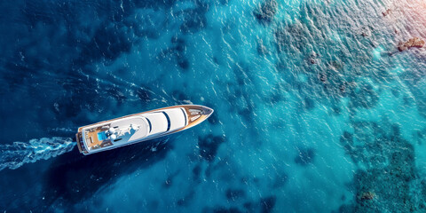 Aerial view of luxury yacht cruising in tropical sea - 758398453