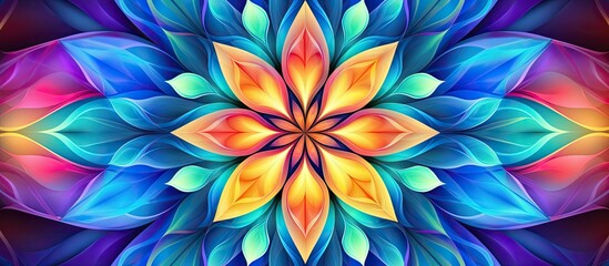The artwork features a vibrant flower surrounded by a kaleidoscope of patterns in electric blue and...