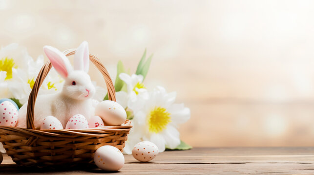 A soft plush bunny in a basket with decorated eggs and tulips, a warm Easter setting with copy space.