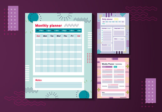 Pink And Blue Daily Weekly Monthly Planner Organizer Template