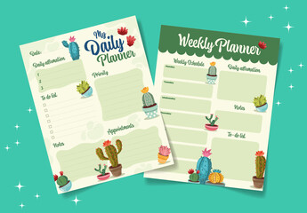 Green Beige Cactus Floral Cute Weekly Planner Template
