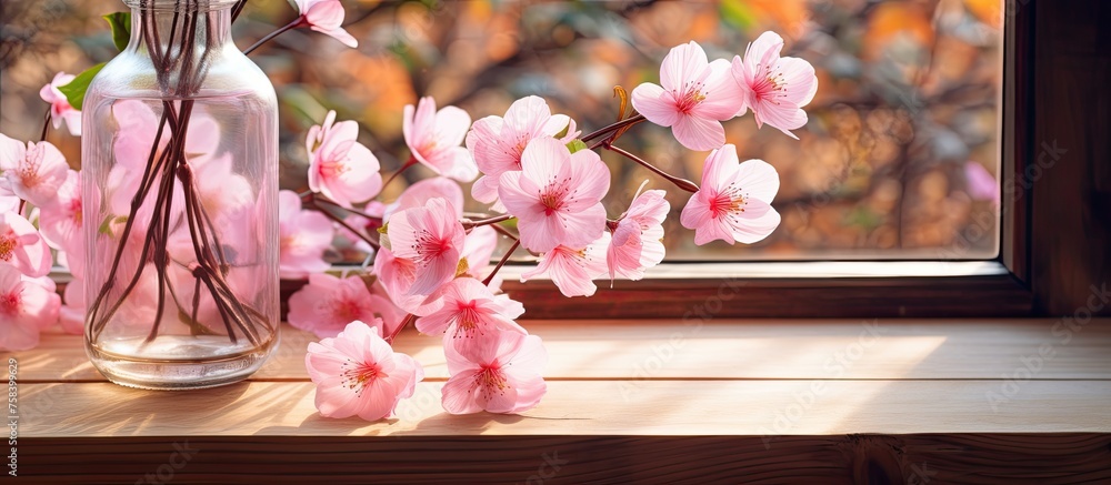 Poster a pink flowerfilled vase sits on the windowsill, adding a pop of color to the room. the delicate pet