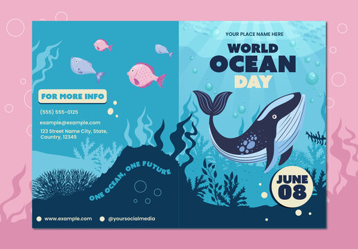 Blue Flat World Ocean Day Brochure Template