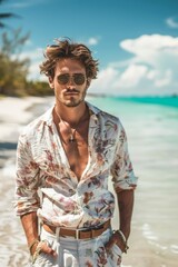 Fototapeta premium Male model sporting flowery shirt and pants summer fashion look