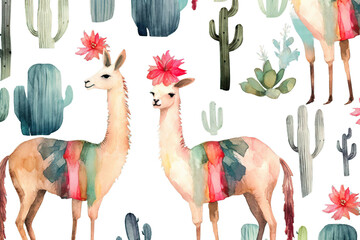 illustration pattern floral print garland painted background llama animals background flag blue design hand pastel watercolor seamless beautiful cacti fabric