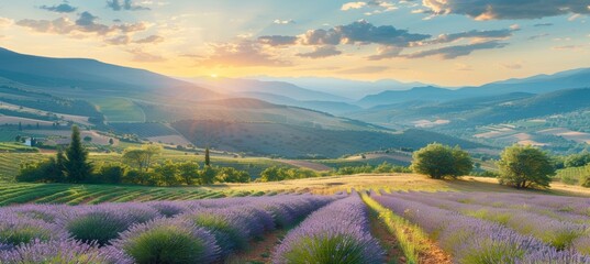 Tranquil lavender fields at sunset, scenic agriculture views in picturesque summer landscape