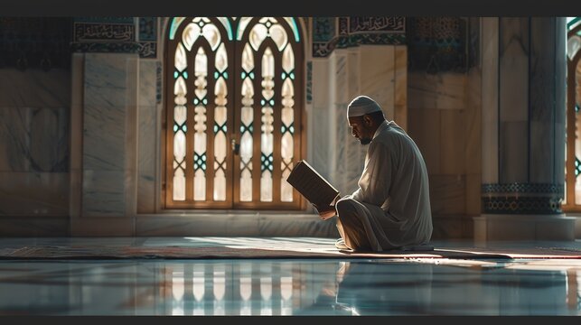 A Muslim man reads the Quran in a Mosque generative ai images