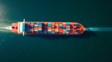 A large container ship carries colorful containers in the ocean