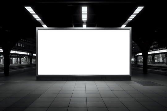 Monochrome Train Station Billboard Mockup.

A high-contrast monochrome image of a large billboard at a train station, ideal for advertising mockups and urban design presentations.