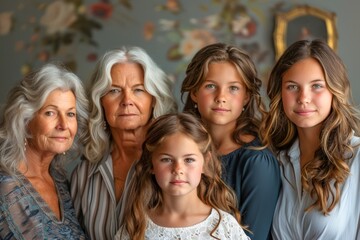 Obraz premium Multi-Generational Female Family Portrait, Grandmother to Granddaughters in Soft Indoor Light