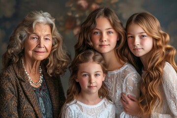 Obraz premium Elegant Multi-Generational Female Family Members Posing Together in Classical Portrait Style
