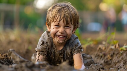 Happy Kid Enjoying Outdoor Mud Play: Carefree Leisure Activity in Backyard Garden