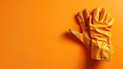 A pair of yellow rubber gloves laid flat on a vivid orange surface, casting soft shadows - obrazy, fototapety, plakaty