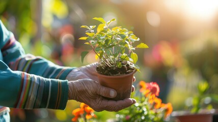 Close-up of hands nurturing a young potted plant, with sunlit garden backdrop