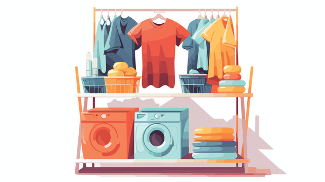 A laundry room with a drying rack filled with color