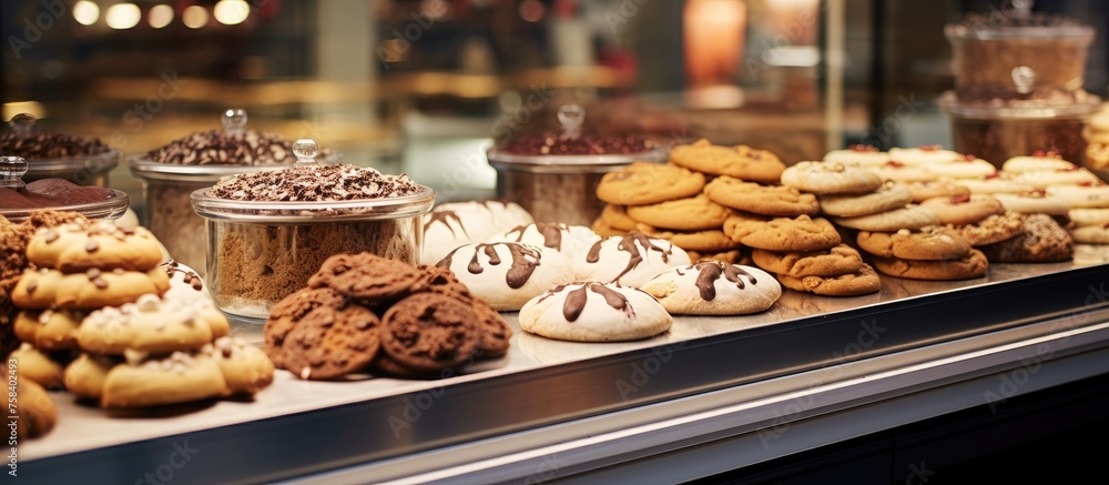 Poster a bakery display case featuring an assortment of cookies made with various ingredients and recipes. 