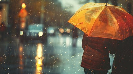 Glowing evening rain with orange umbrella